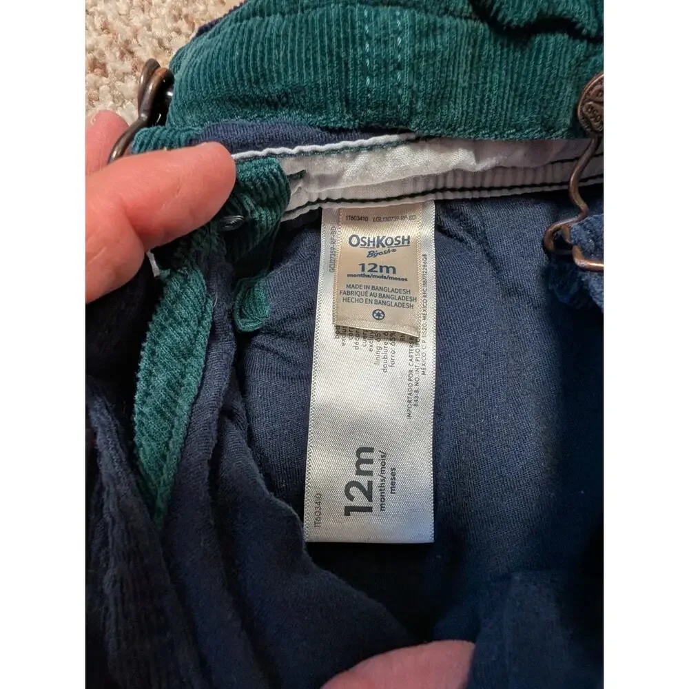 OshKosh B’gosh Baby Corduroy Overalls Size 12 Months Green Navy Bib Overalls